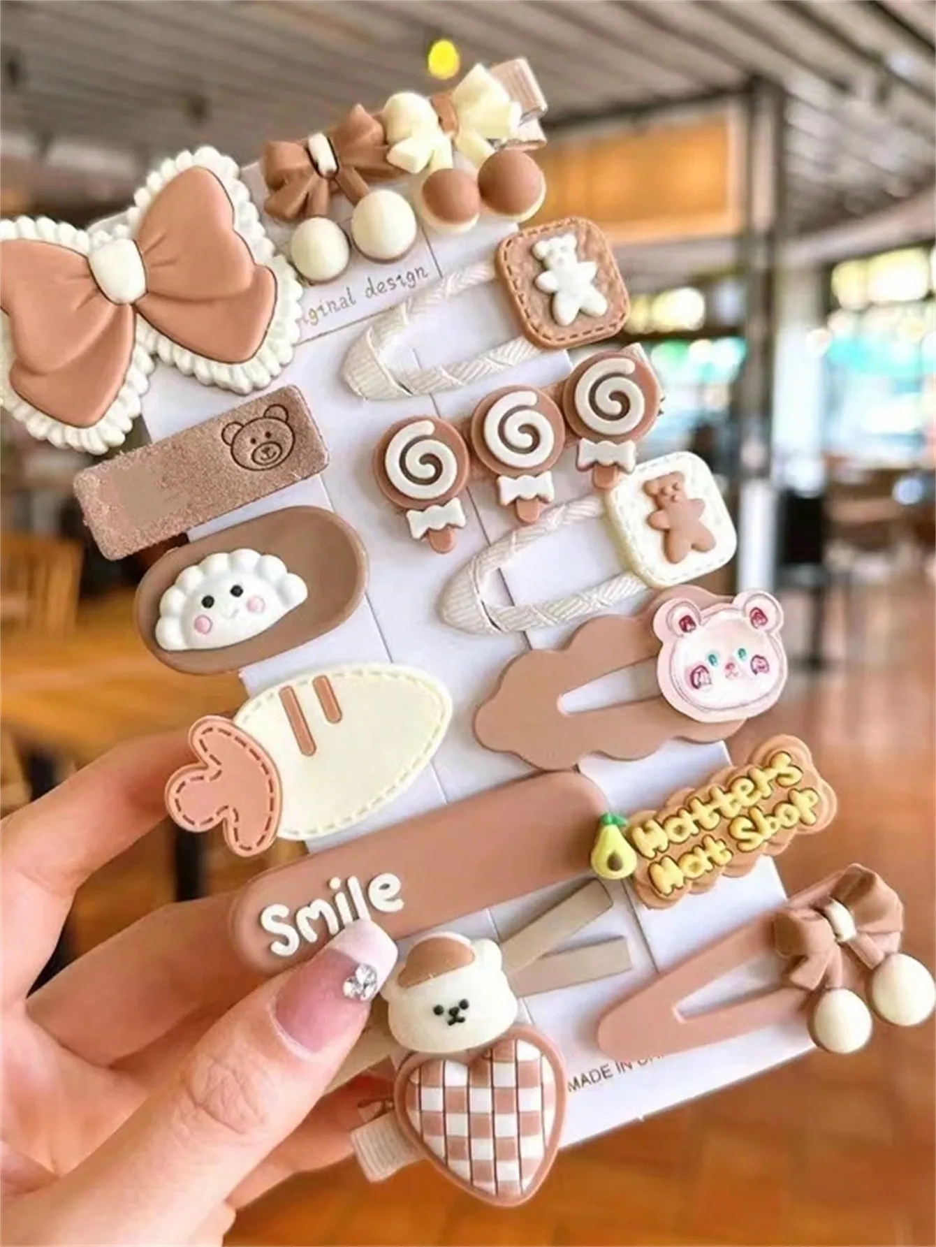 14-piece hairpin set Ladies Coffee color series cute hairpin set bow Bear side clip hair accessories