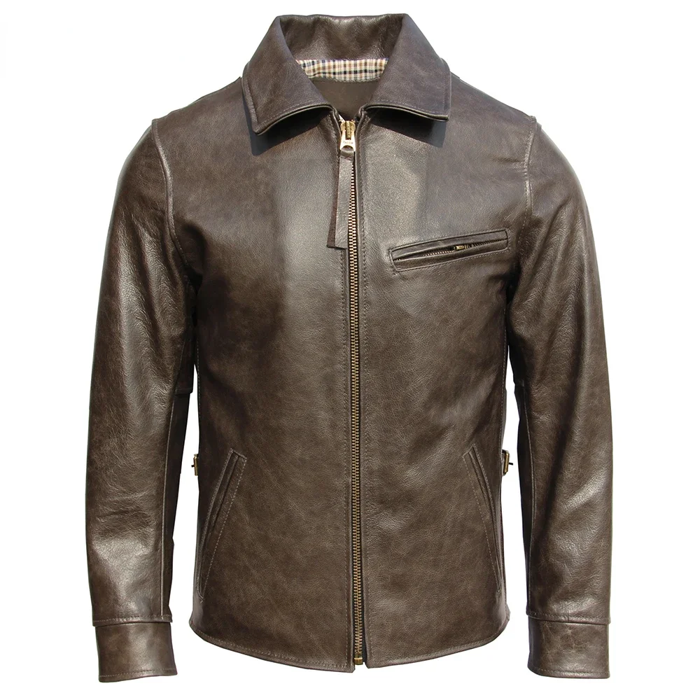 

Classic Men Leather Jacket Fashion Color Changes Oil Waxed Natural Cowhide Male Cow Skin Coat Autumn Mens Jackets Slim Clothing