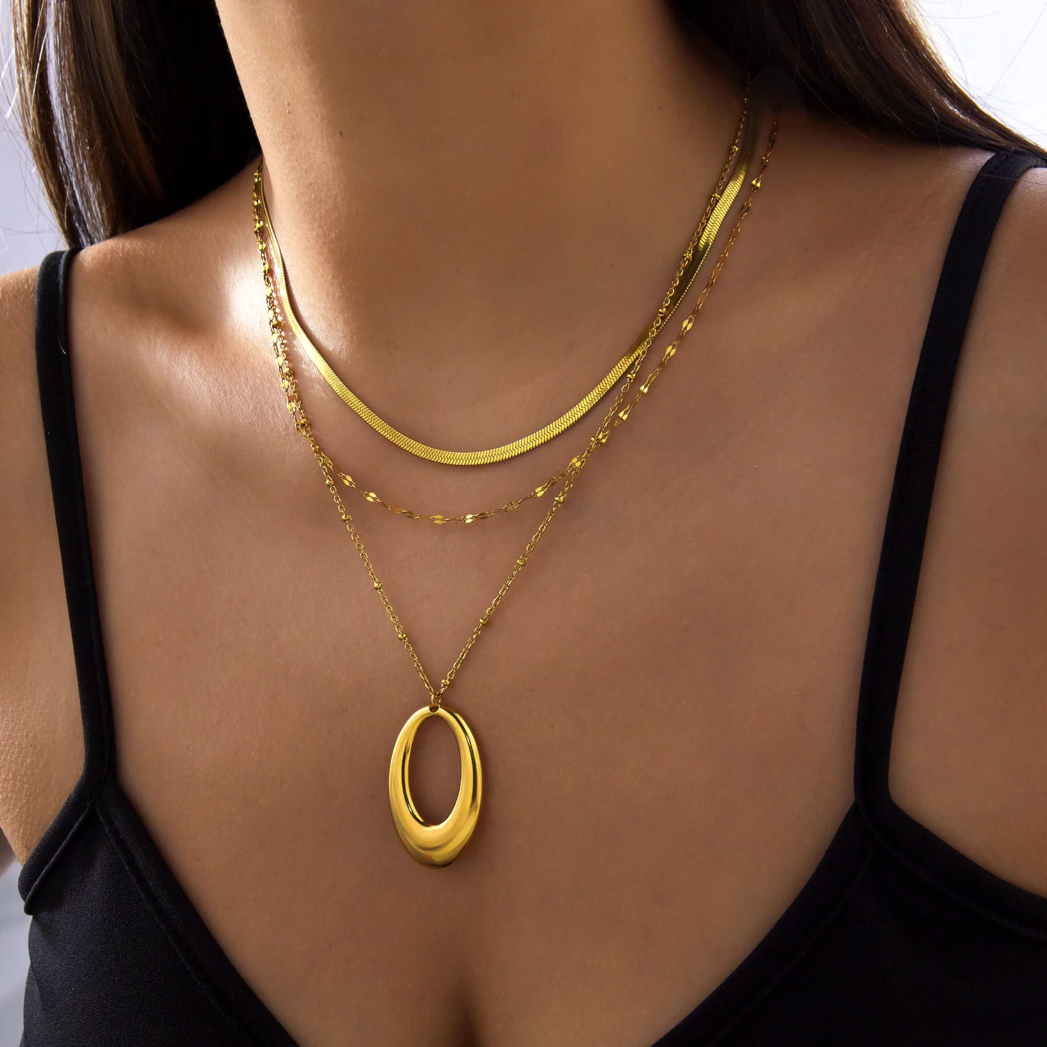 Geometrisches Edelstahl-Halsketten-Set für Damen, zierlicher ovaler Anhänger, Schlangenkette, Partyschmuck, Geschenk, wasserdicht – Detail 3