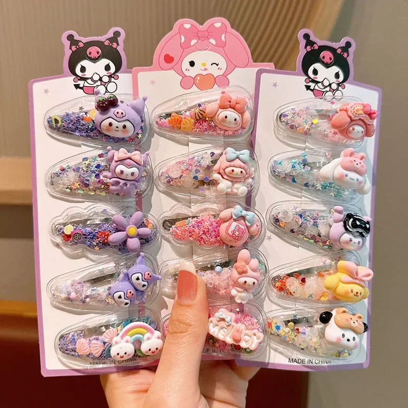 

Sanrio Kuromi Girls 5Pcs Hairpins Kawaii Cinnamoroll Baby Hairclip Melody Princess Flowing Sand Hair Barrette Sanrio Accessories