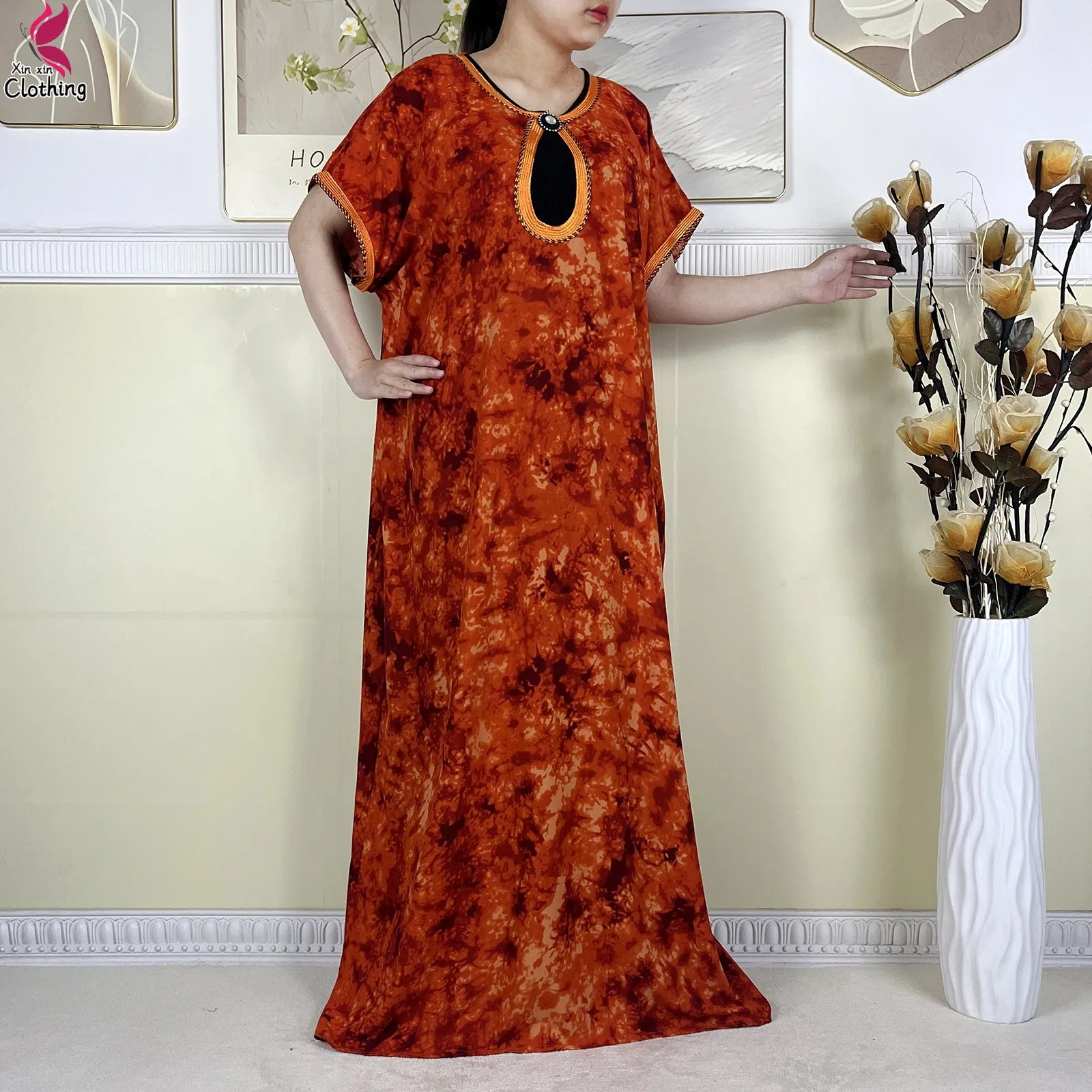 Nouveau Abayas musulmanes mode femmes robe en coton été à manches courtes cravate-teint imprimé africain caftan ample Femme Abaya avec écharpe