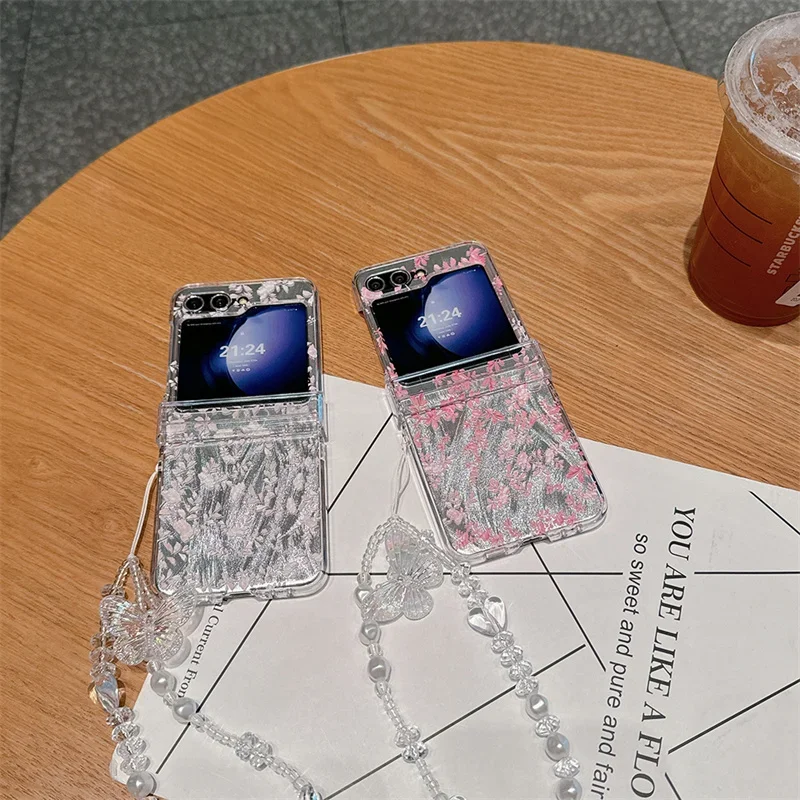 Untuk Samsung Galaxy Z Flip 6 3 4 5 casing Ins gelang kartu bunga casing penutup belakang PC keras untuk Samsung Z Flip5 ZFlip5