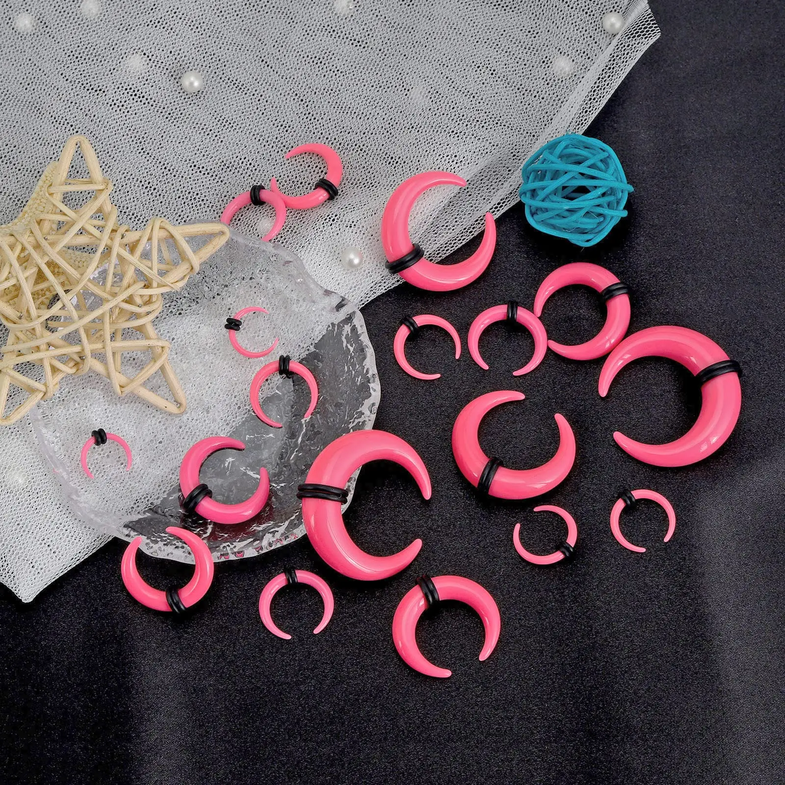 18Pcs Acrylic Septum Pincher Tapers C Shape Buffalo Ear Taper Kit Stretching Expander Rings for Nose Ear Gauges Pink