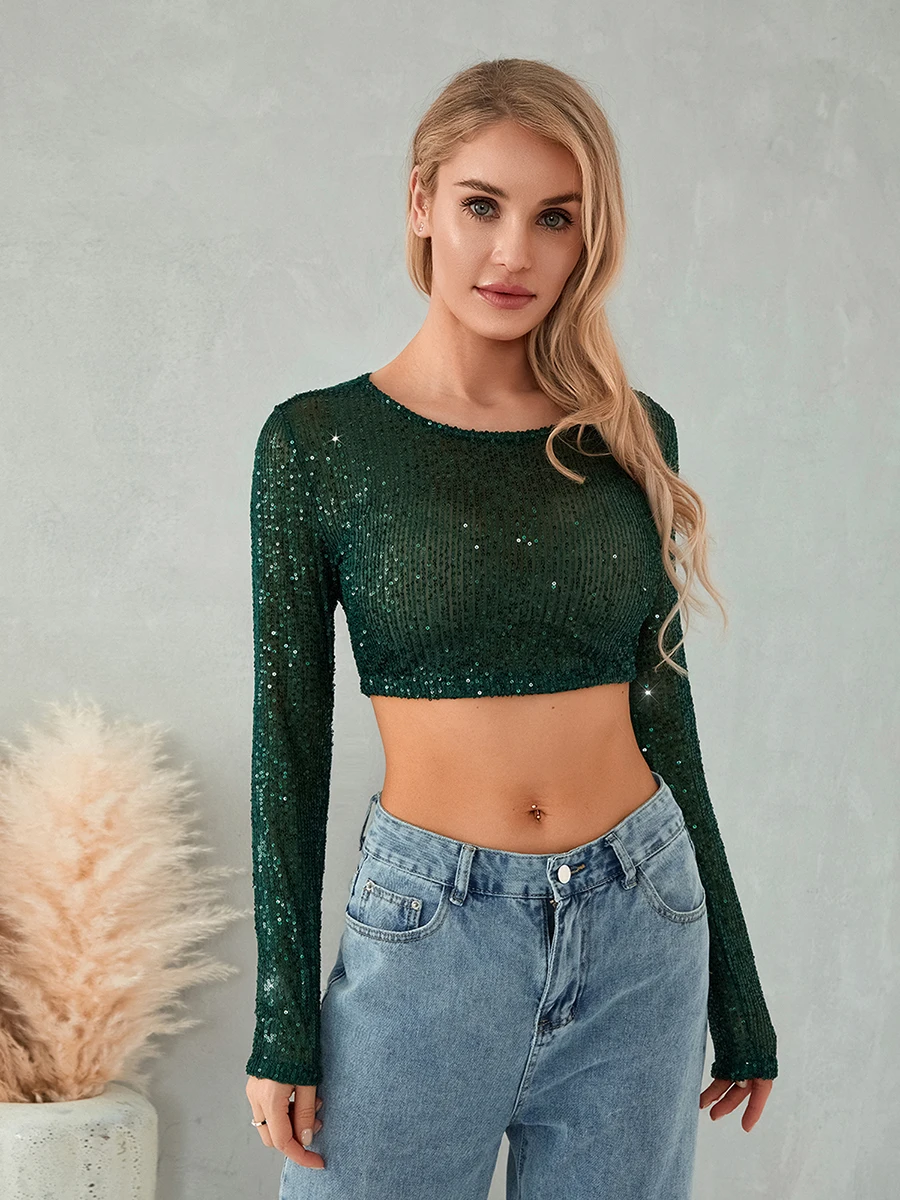 Glitter Sequin Crop top Autumn Winter Slim Long Sleeve Women Basic Solid Casual Top For WomenY2k Shiny Sequined Tshirts