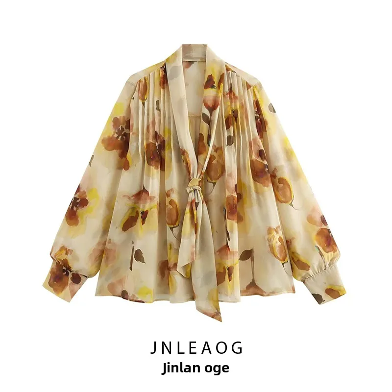 Faionable Stampa floreale irt JNLEAOG Abbigliamento donna Autunno New Sle Loose Fit Lungo Sve V-Ne Camicetta in fibra di poliestere