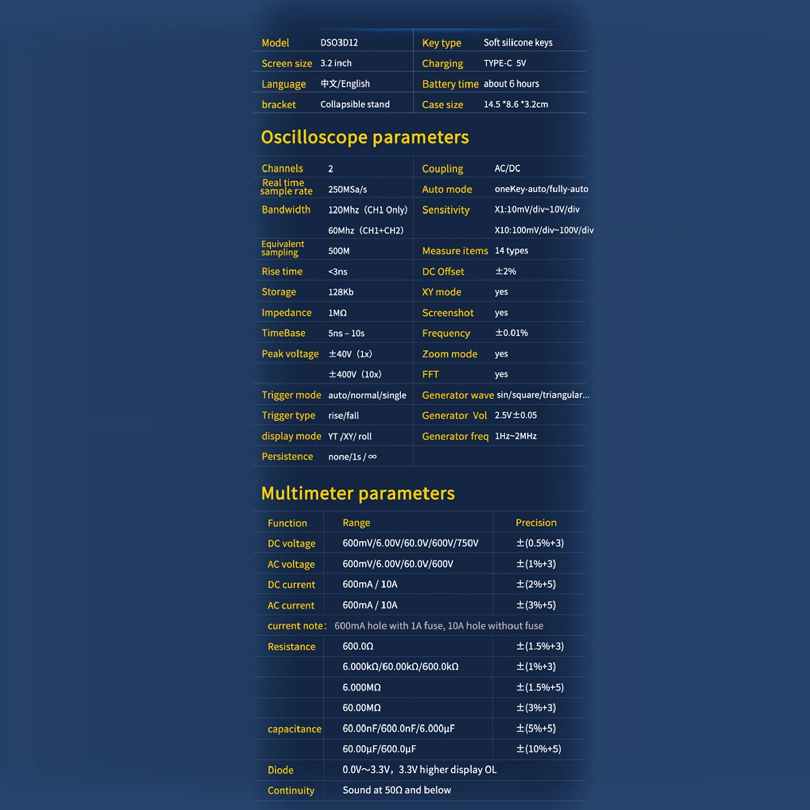 Osciloscopio digital 3 en 1, pantalla de 3,2 pulgadas, frecuencia de muestreo de 250MSa/s, multímetro, osciloscopio digital 3 en 1