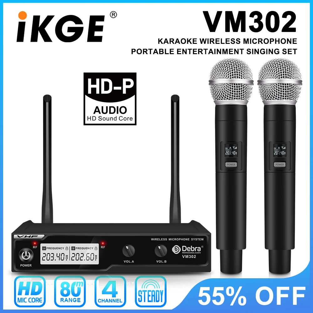 VM302 UHF wireless microphone system with 2 handheld wireless microphones, 80 meters, for churches, presentations, home karaoke