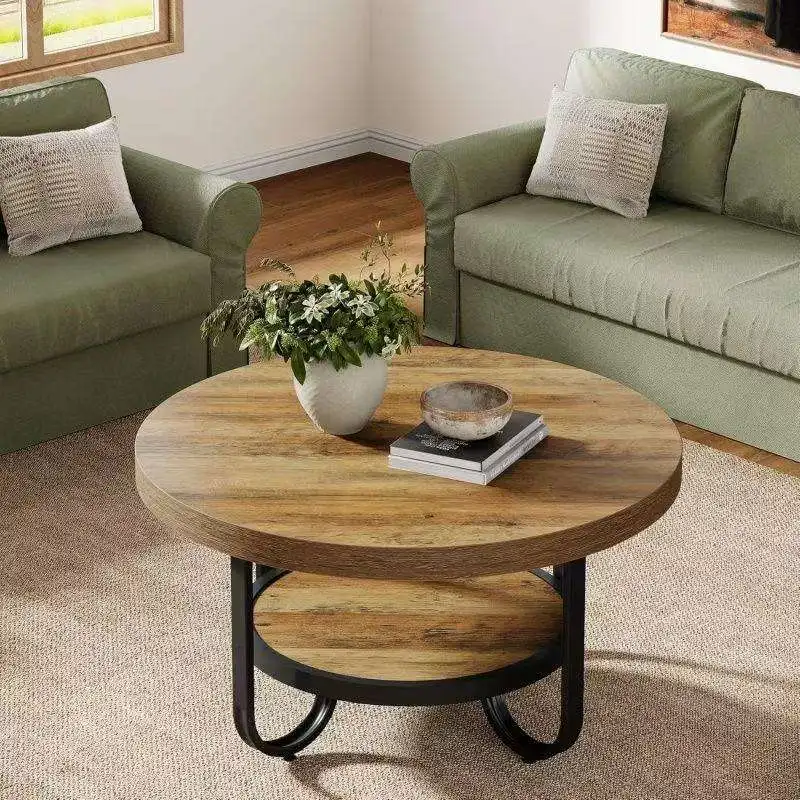 *Modern 2-tier Round Coffee Table, Wooden with Storage Shelf, 31.5