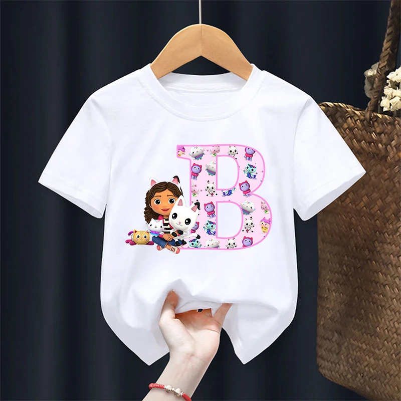 Gabby Dollhouses Girls T Shirt Short Sleeve Tops Children Cotton Summer Clothes Letter A-Z Cartoon Kids Cute Tee Birthday Gifts