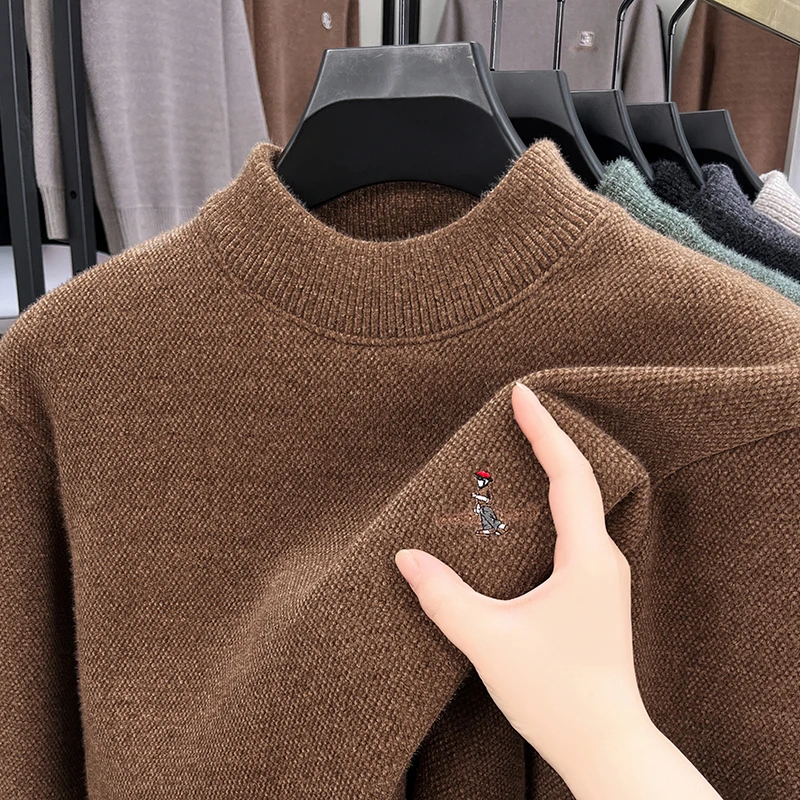 

Light luxury brand men's round neck long sleeved warm knitted pullover winter new fashion figure embroidery casual thick sweater