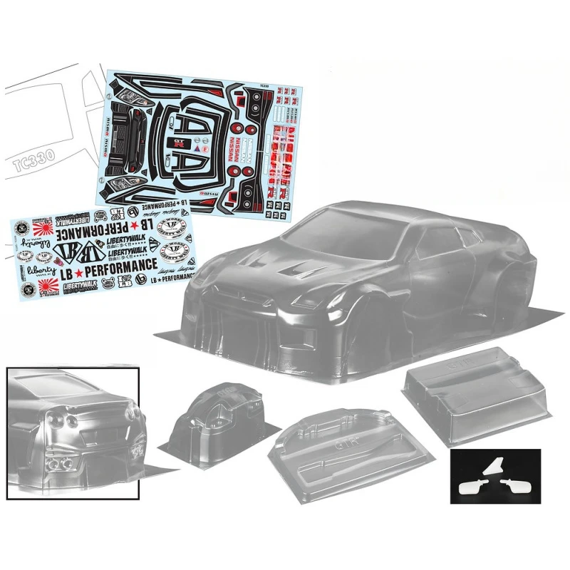 Scale 1/10 LB GTR R35-RR Clear Lexan Body shell and Rear spoiler + Light Buckle/Mirrors for RC Drift Car Racing Tamiya tt02 tt01