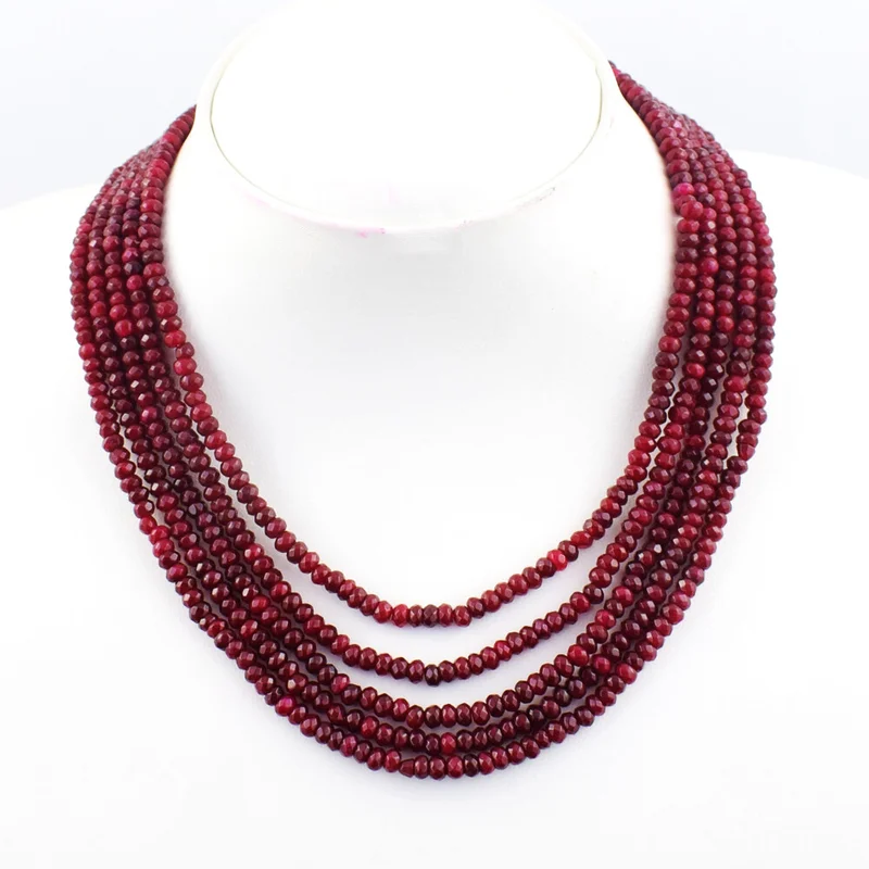 407 Cts Earth Mined 5 Strand Enhanced Red Ruby Faceted Beads Necklace JK 18E424