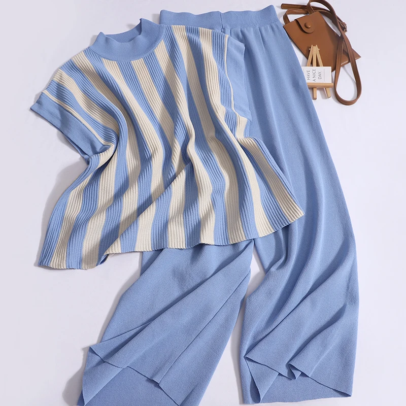 2-pieces Knit Set Casual Vertical Striped Pullovers Spring Summer Short Sleeved OL Tops For Woman Clothes Long Pant New In Suits