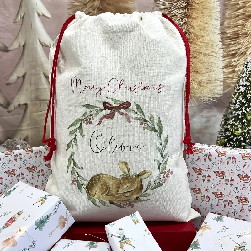 

Personalised Baby Boy Girl 1st First Christmas 2025 Woodland Animal Fawn Deer Santa Sack Merry Xmas Stocking Present Gift Bag