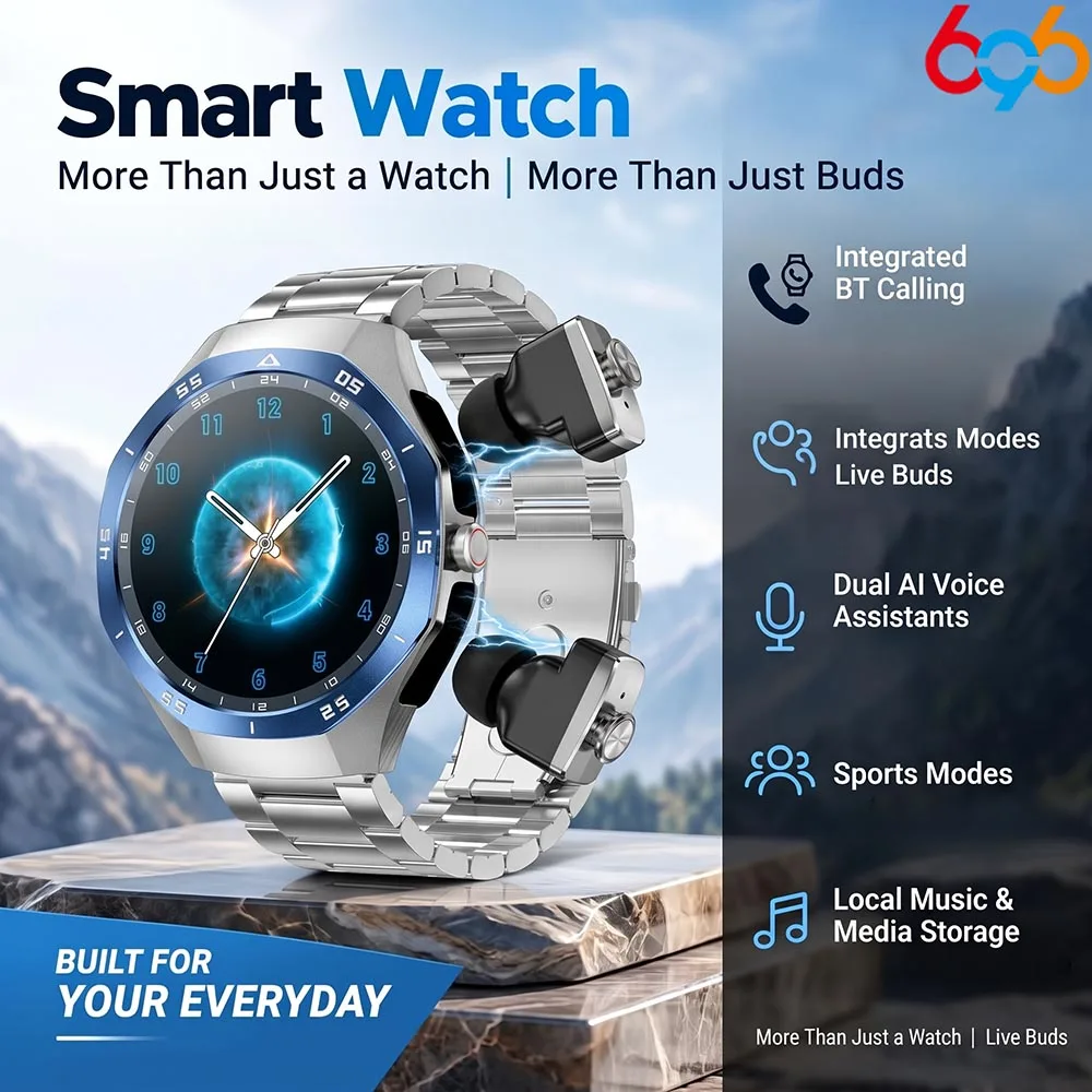 2-in-1 Smart Watch with Built-in BT Earbuds Local Music Playback NFC Function All-day Health Tracking Sports Watch for Men Women