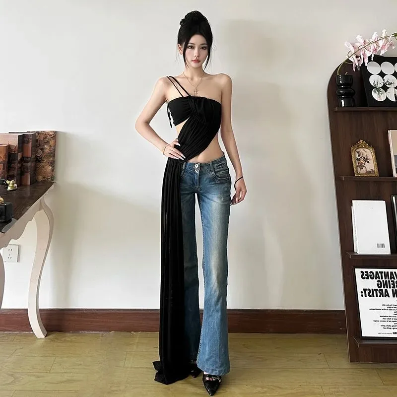 Women's One Shoulder Asymmetric Draped Sleeveless Crop Top with Long Trailing Panel Sexy Party Clubwear Top