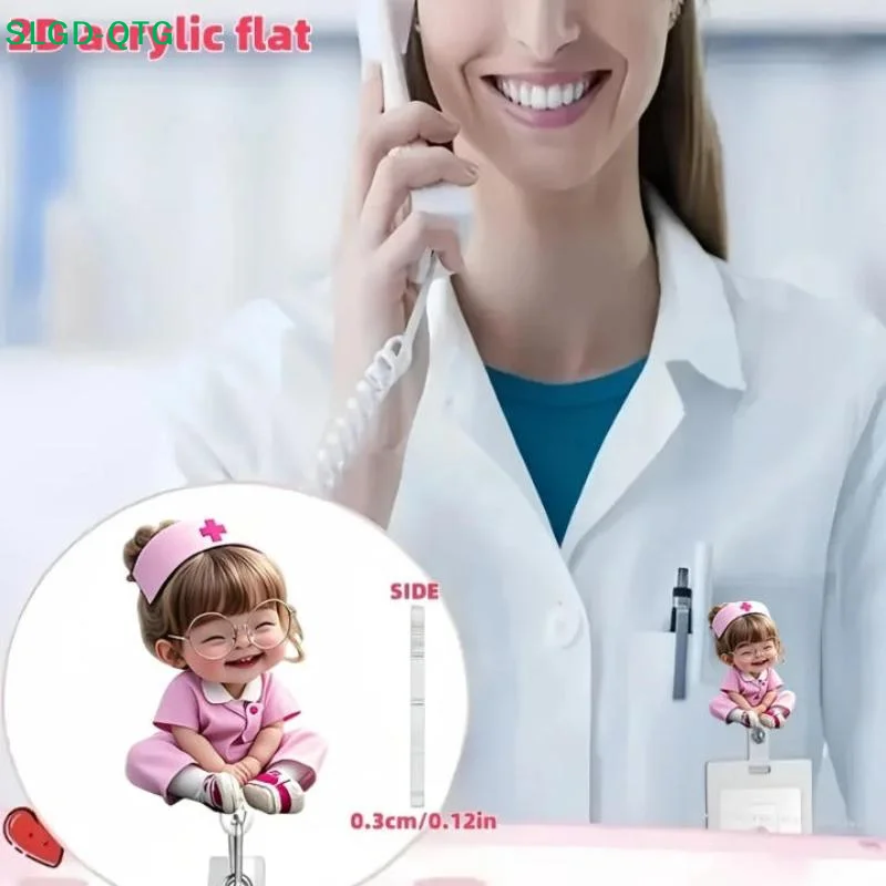 New sale 1Pcs Retractable Drawstring 2D Flat Acrylic Nurse ID Clip Cute Nurse Girl With Glasses Pattern Badge Scroll Holder
