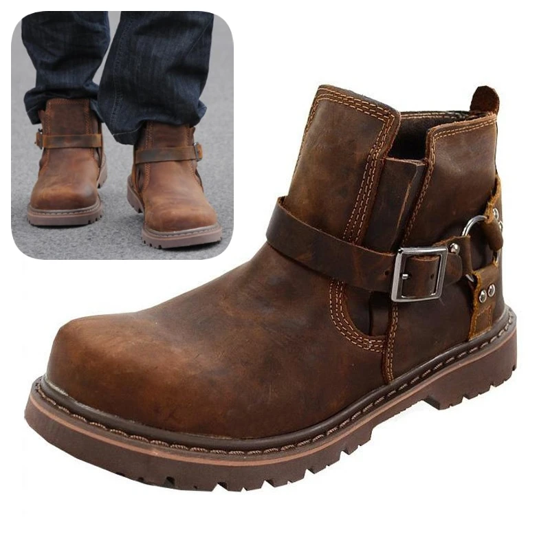 

Cowhide Outdoor Motorcycle Boots Men Trendy Shorts Anti-slip Vintage Buckle Riding Leather Boots Wear-resistant Waterproof