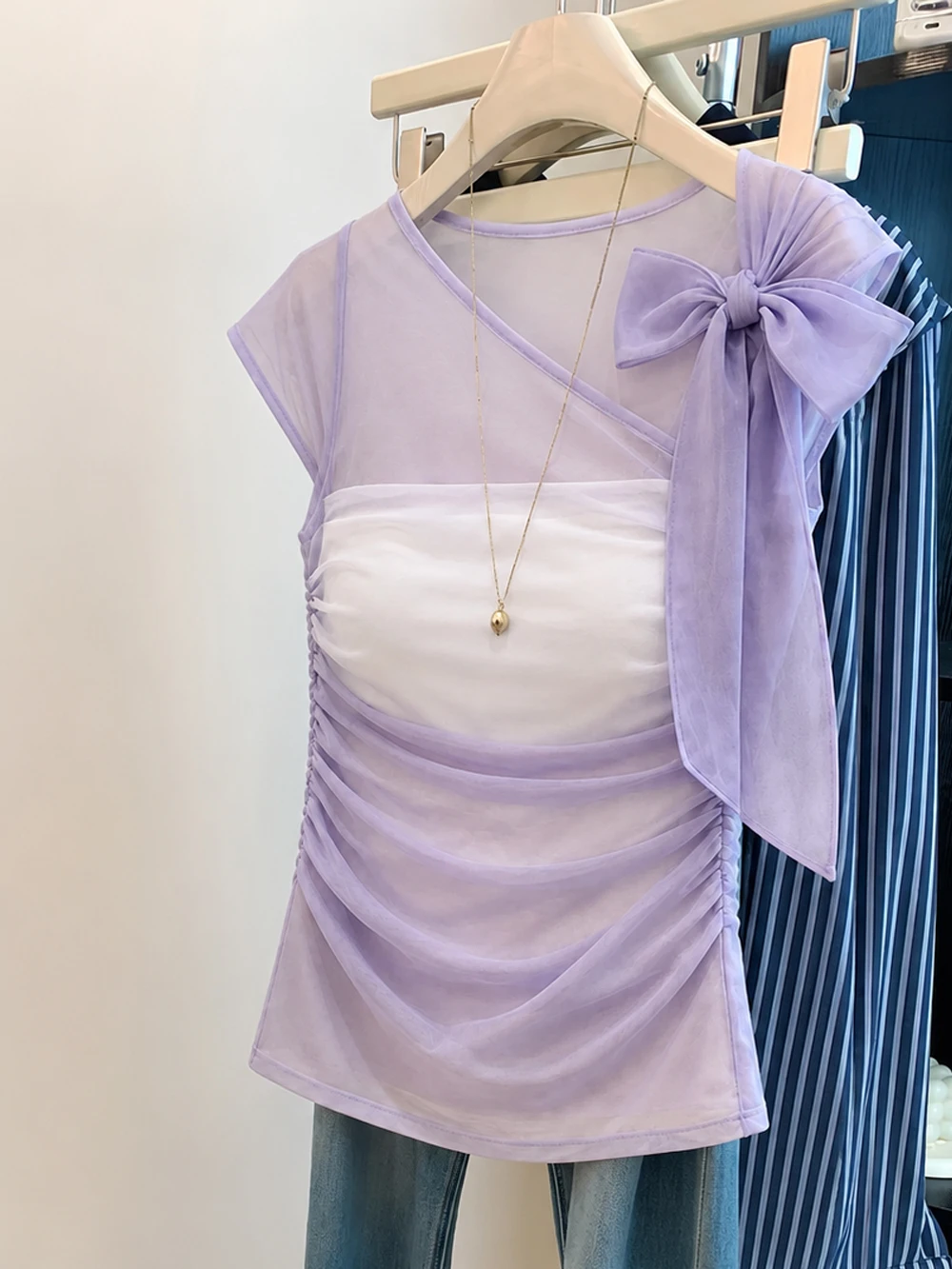 Summer Unique Slanted Neckline  Knot Net Shirt Heavy Embroidery Side Waist Gathered Slimming Fake Two-Piece Top