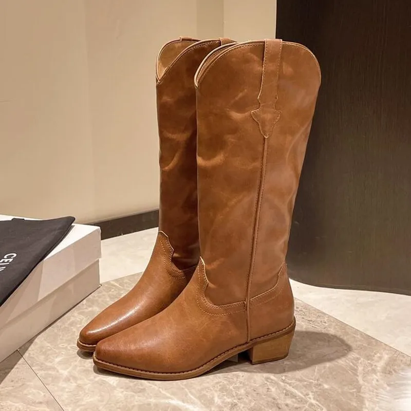 حجم كبير 42 جديد المرأة المطرزة الغربية حذاء برقبة للركبة كاوبوي راعية البقر الأحذية صندل بكعب مكتنز منصة أحذية النساء الأحذية الغربية #3