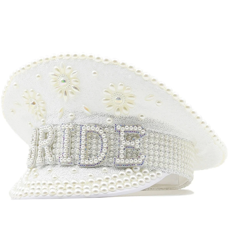 

Sparkling Diamond Bride Hat Wedding Props White Sequins and Encrusted Pearls for Wedding Engagement Bachelorette Party