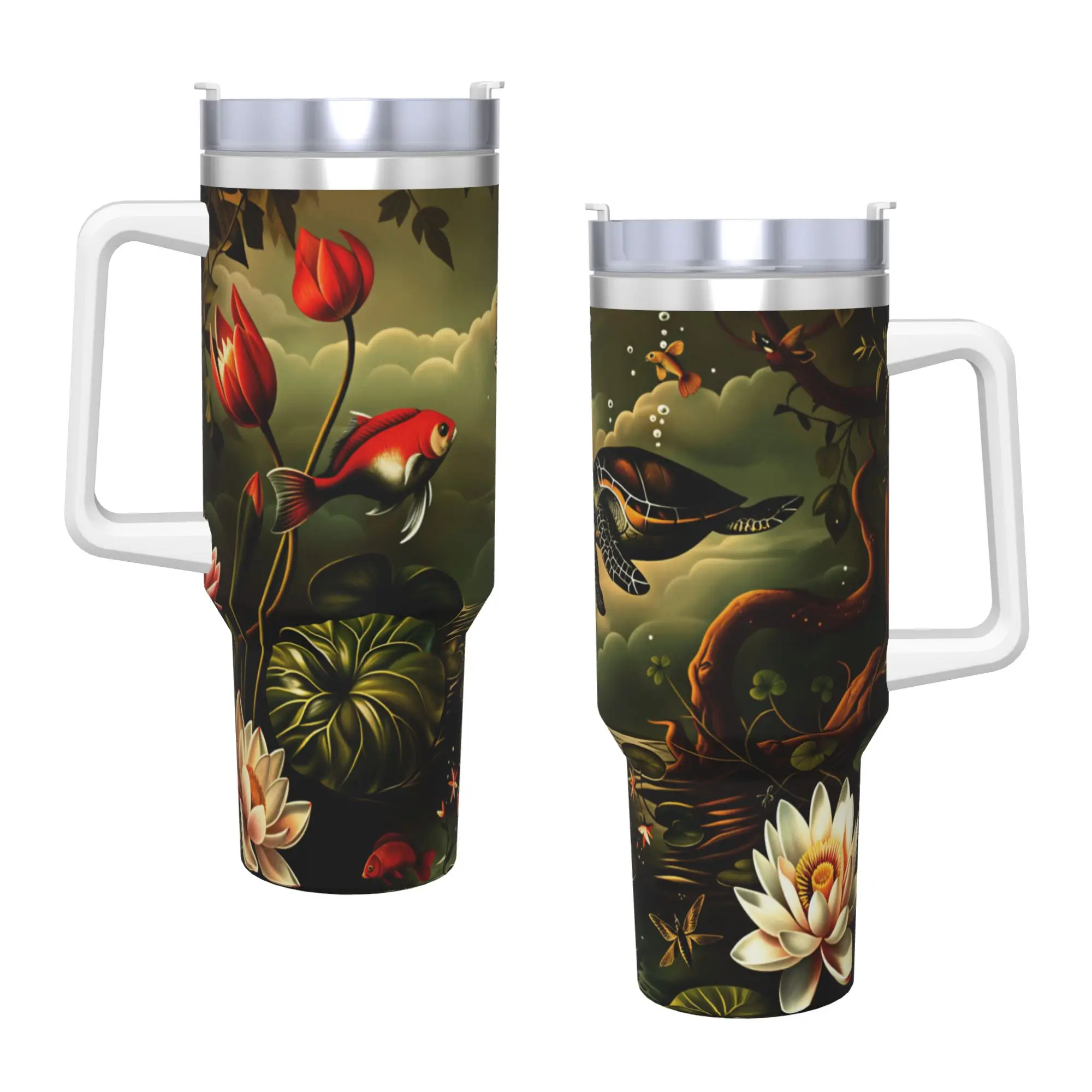 Surreal Sea Turtle Lotus Pond Underwater Landscape Stainless Steel Tumbler  Travel Thermal Cups With Straws and Lid 40oz Mugs