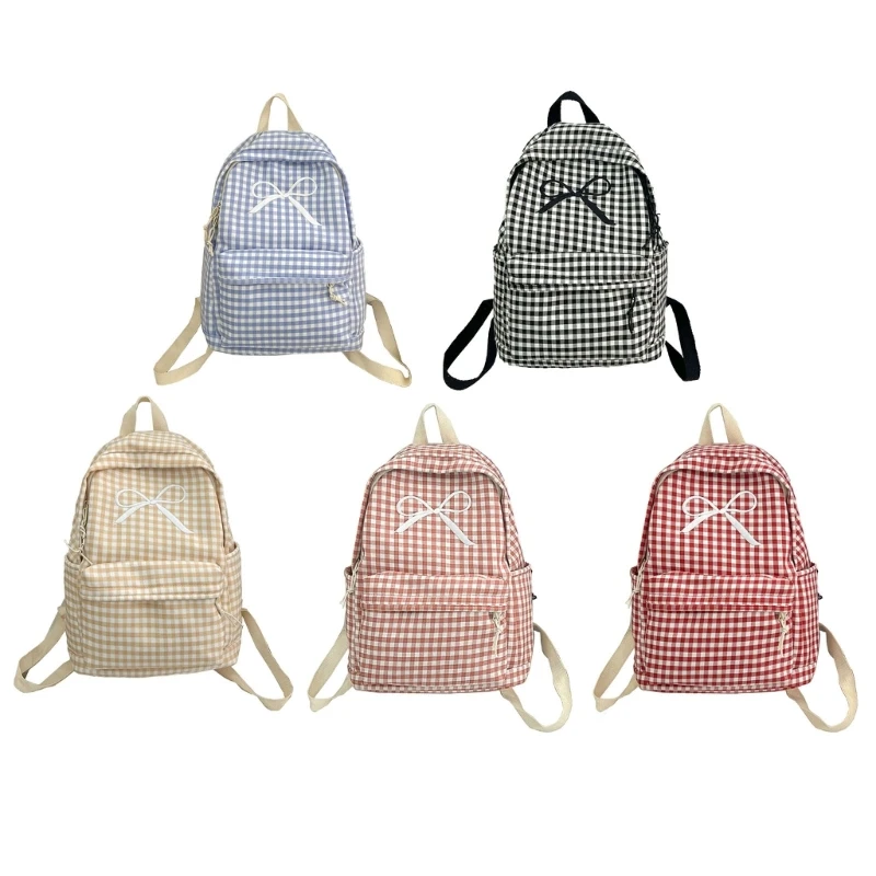 

Bowknot School Bag Women Girl Large Capacity Checkered Backpack for Daily Use