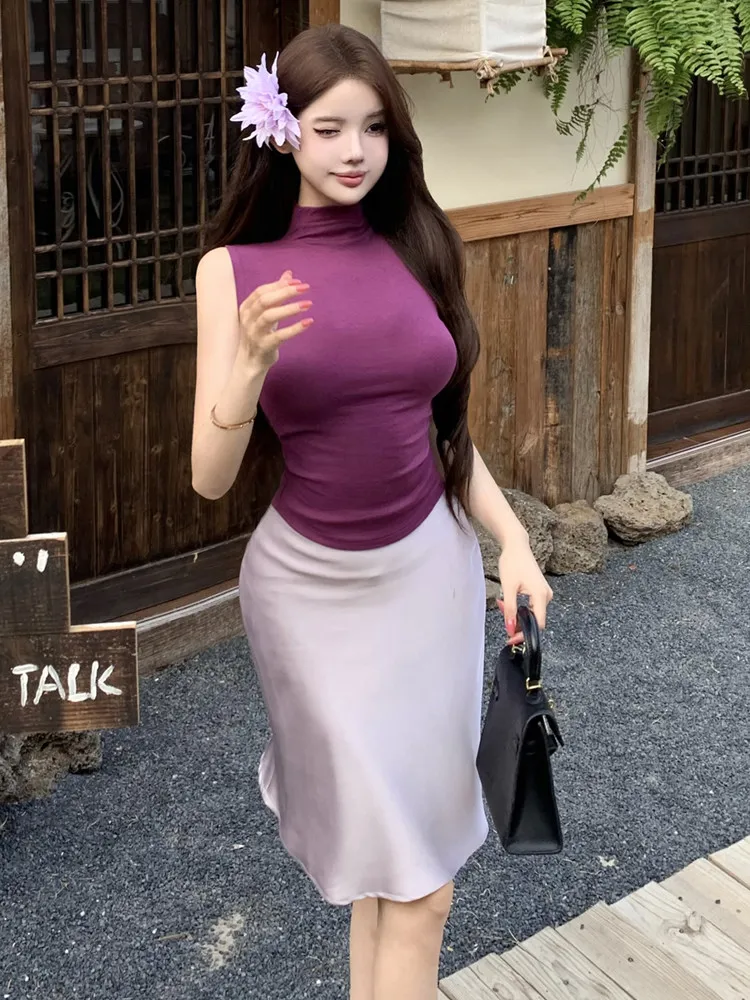 Stacked semi high neck sexy off shoulder slim fit vest top slimming hip hugging skirt women commute elegant two piece set