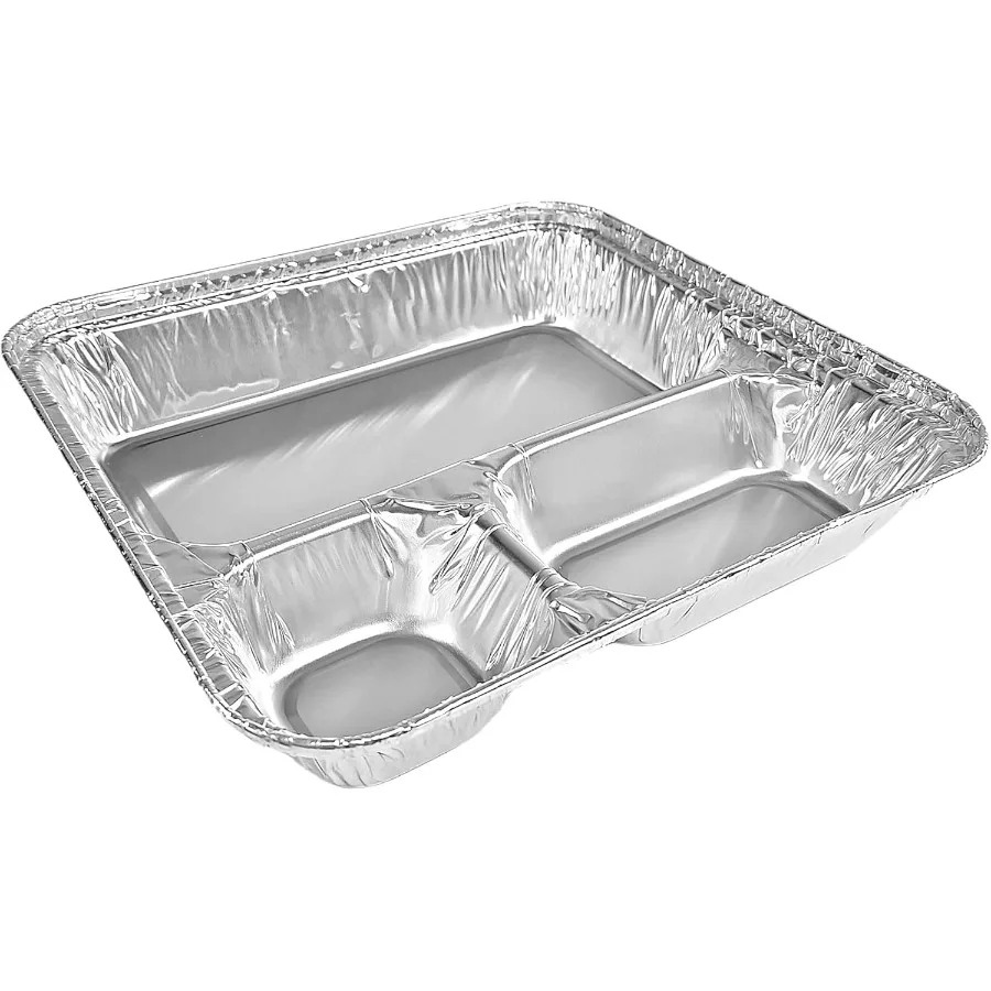 Sartén grande para llevar de papel de aluminio oblungo de 3 compartimentos con tapa de tablero para alimentación superior, bandeja para cena de TV, Ideal para preparación de comidas