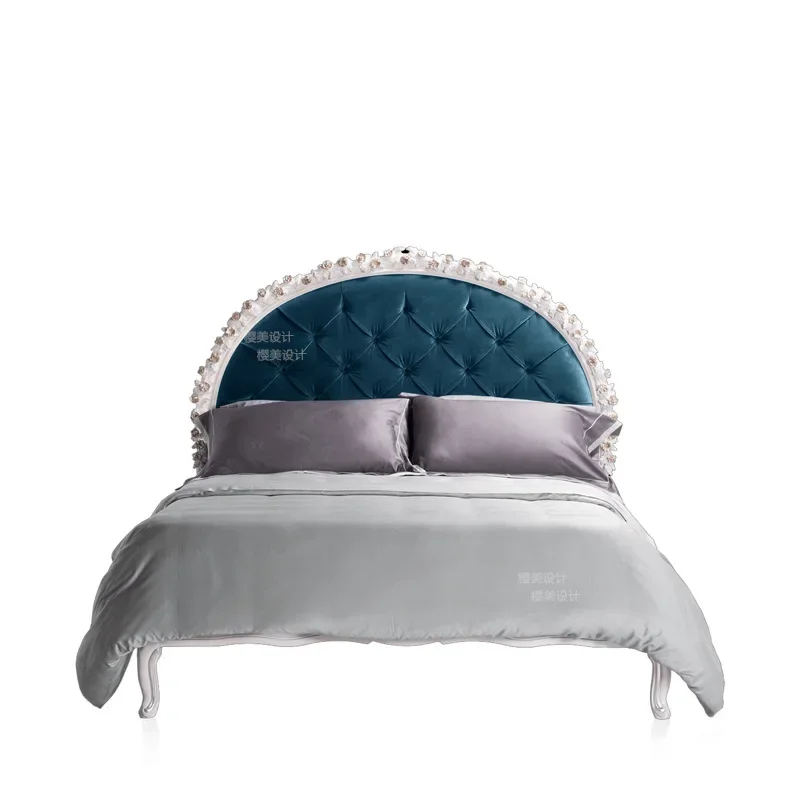 French court wood carving double bed, white gold villa furniture