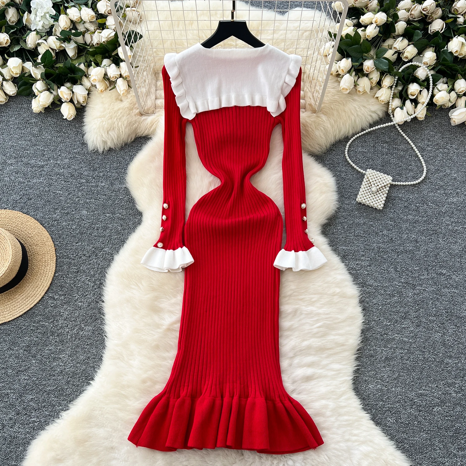 2024 Autumn New Retro Elegant Contrast Color Loose Long Sweater Dress Women Fashion A-line Long Sleeve Dress Wholesale J521 image 2