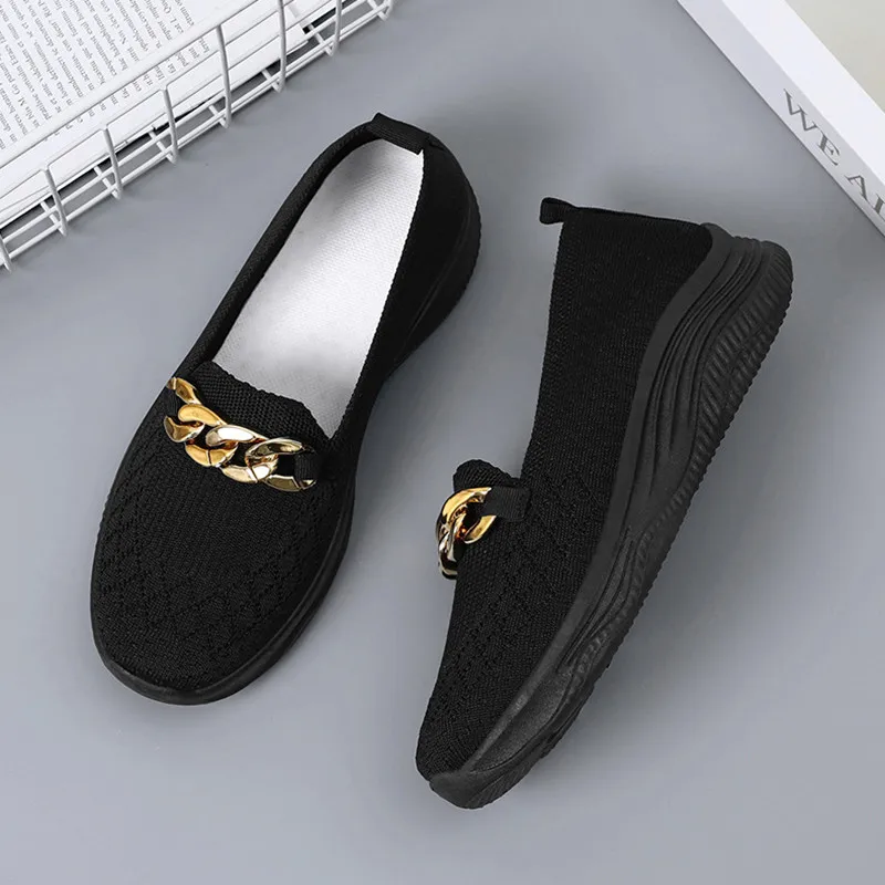 Women Sneakers Fashion Breathable Loafers Women Metal Chain Casual Shoes Slip on Soft Walking Shoes Flats Woman Zapatillas Mujer