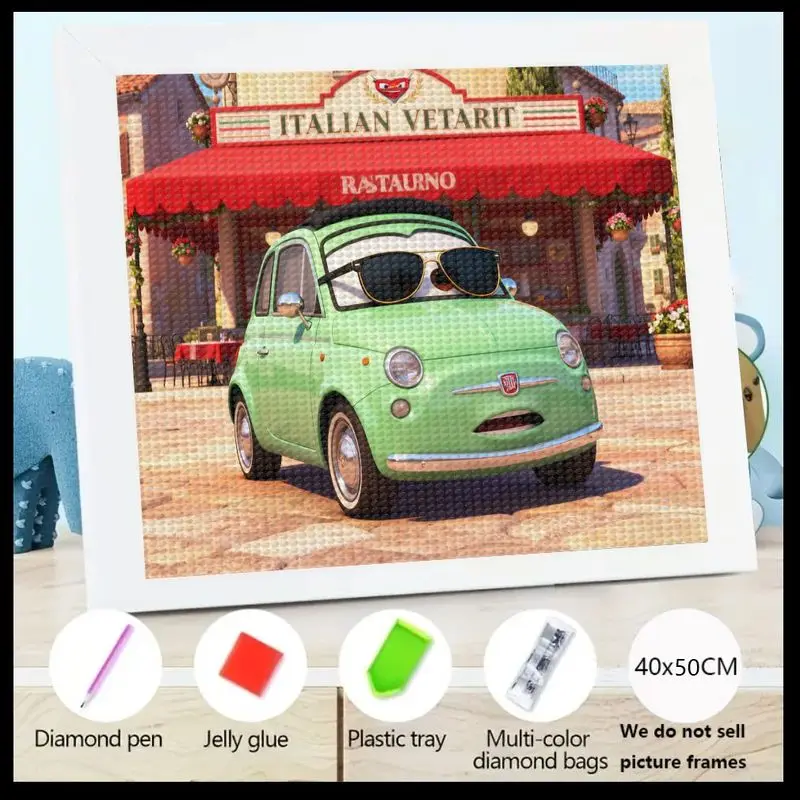 

1PC 5D Diamond Painting Kit Featuring a Charming Green Vintage Cartoon Car with Sunglasses in a Picturesque Italian Street Scene