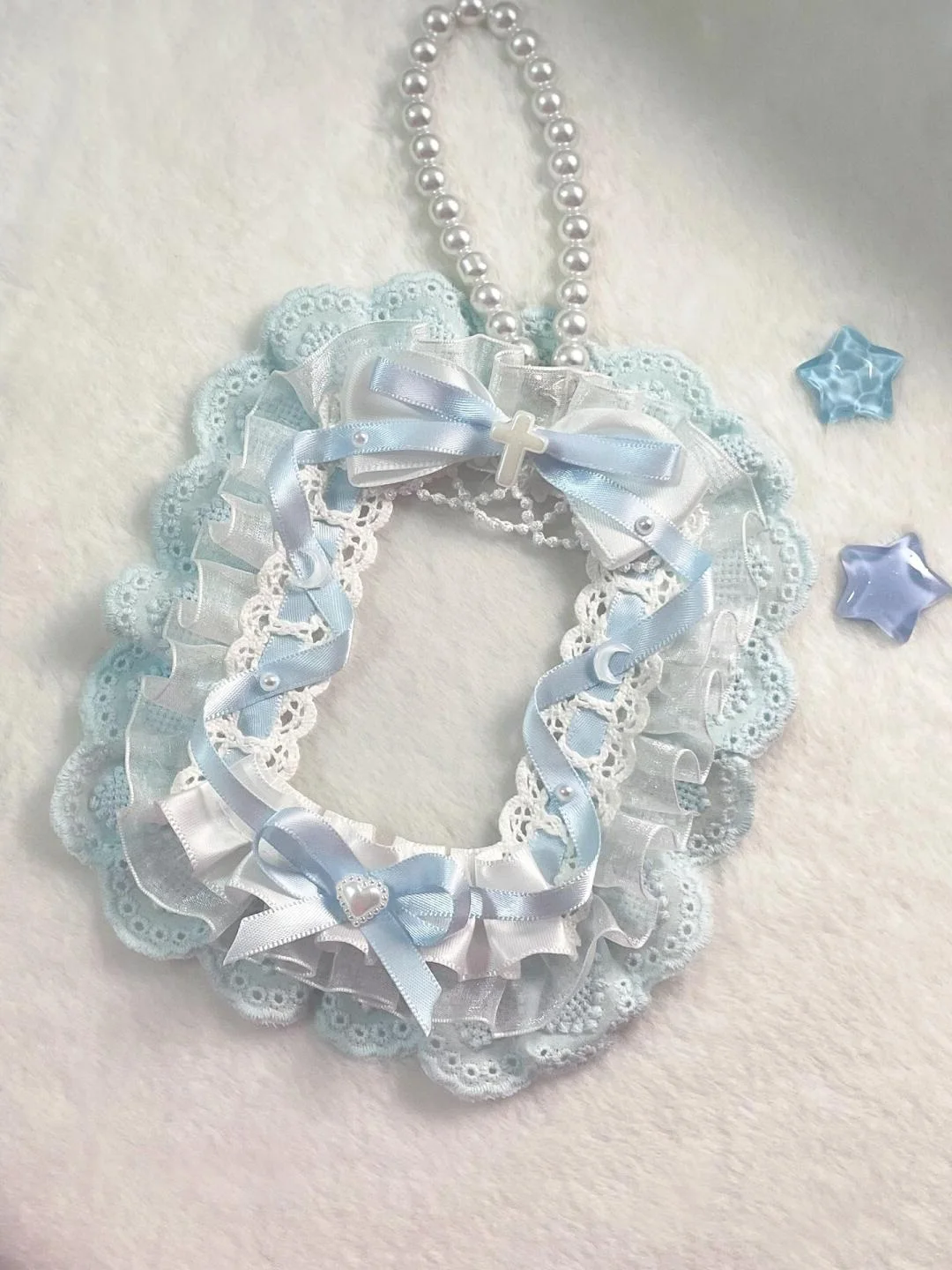 Handmade Lace Satin 3 Inch PVC Photocard Holder, Bead Chain, Multi‑Layer Ruffled Trim, Anime Hobby Decor, Bag Ornament, Fabric Card Sleeve, Photo Card Protector, Kawaii Collectible Supply view 3