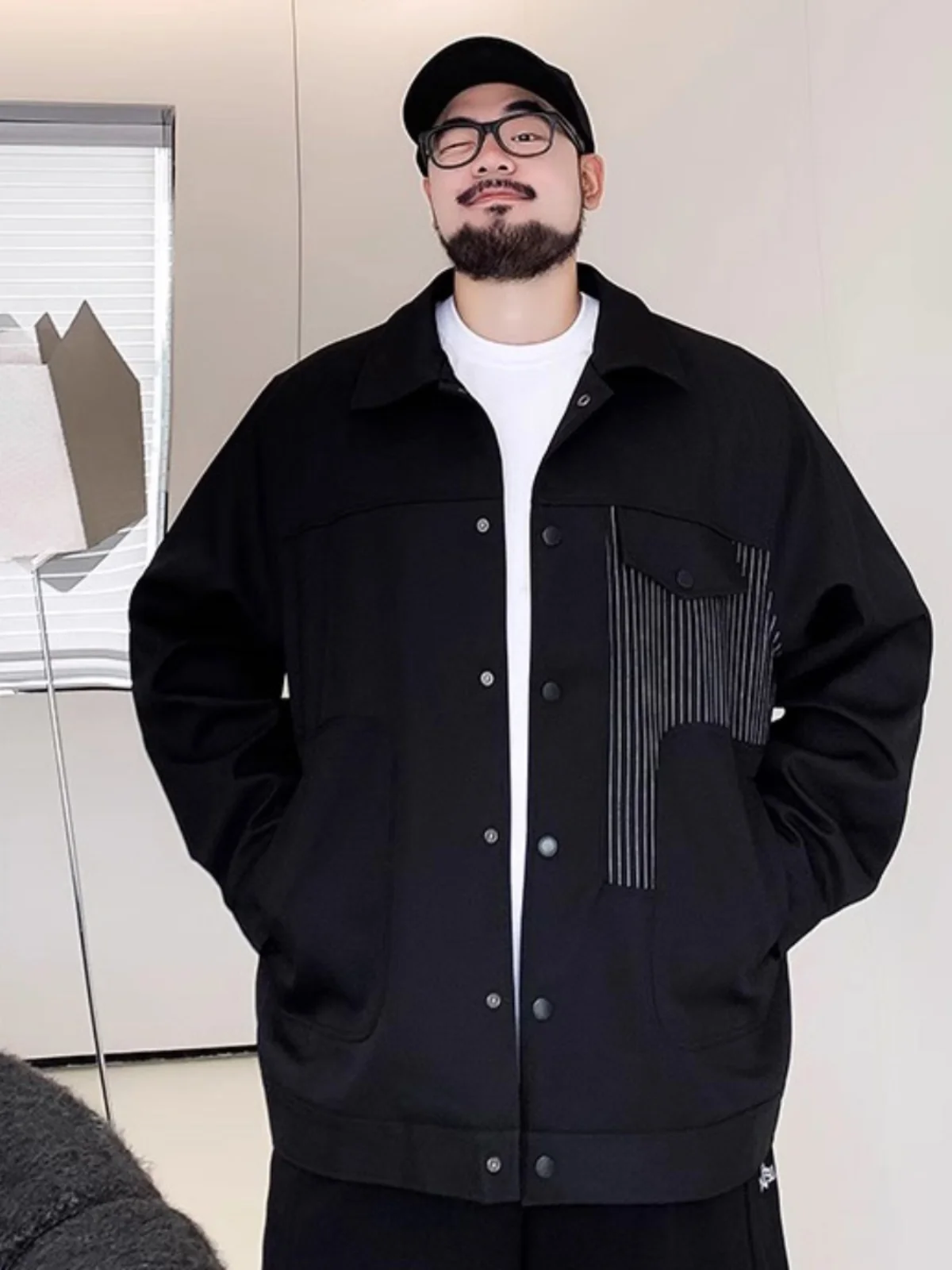 

Trendy plus Size Men's Jaet Autumn 2024 New Casual Patchwork Collar Loose Fitting Fat Guy Oversize Coat Single Button Closure