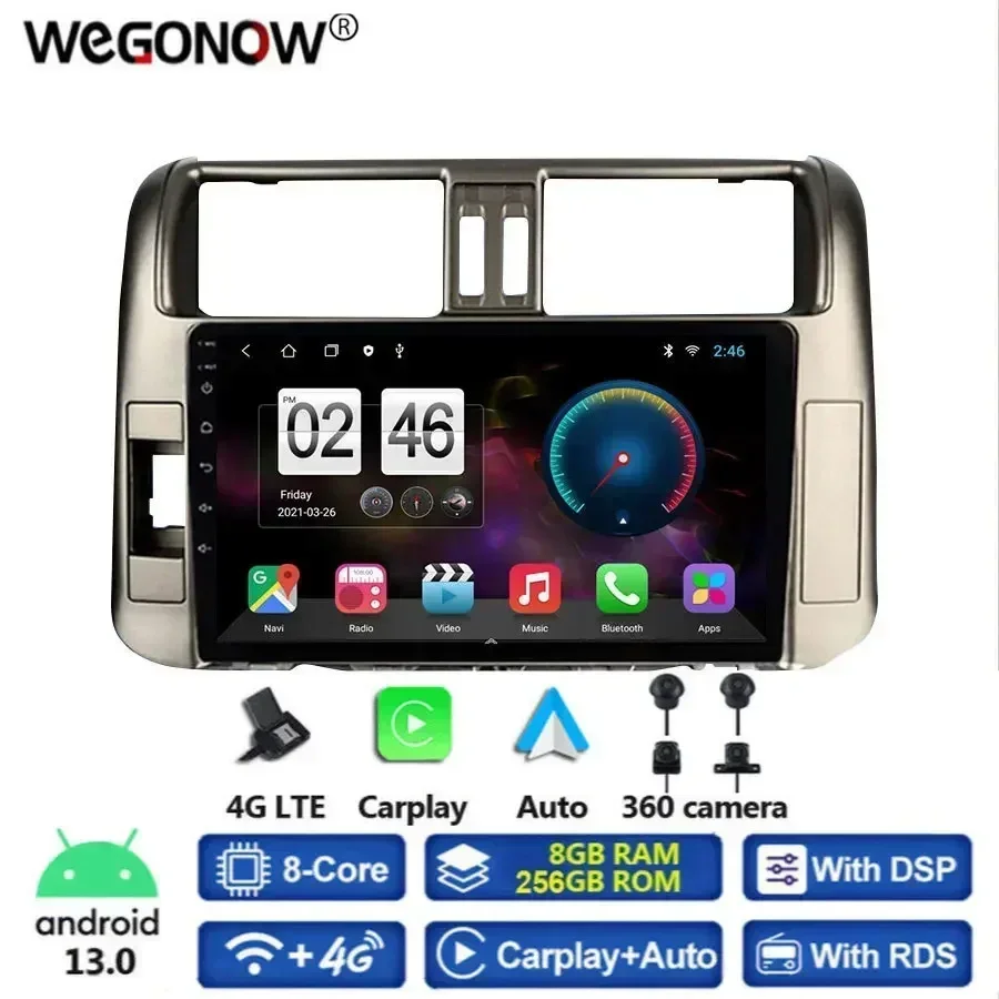 360 Camera CanBus 8G+256G Android 13.0 Car DVD Player GPS WIFI Bluetooth RDS Radio For Toyota Land Cruiser Prado 150 2009 - 2013