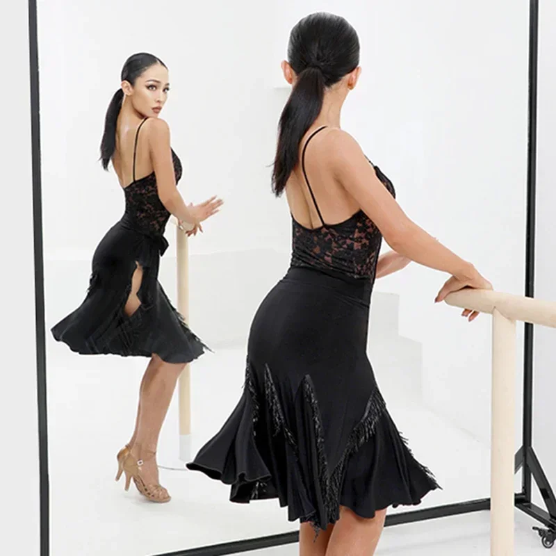 Traje de baile latino para mujer, falda con flecos, vestido de encaje negro con cintura vendaje, ropa de práctica para adultos, ropa de actuación de Samba DNV14849
