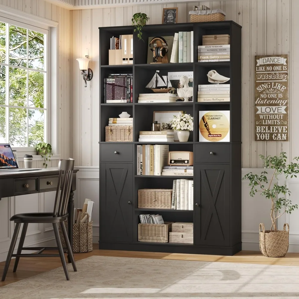 "74 Inch Tall and 45 Inch Wide Modern Bookshelf with Storage and Doors"