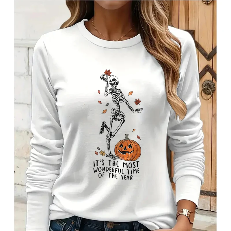 

Женская повседневная футболка с длинными рукавами и принтом скелета и тыквы, осенне-зимняя готическая футболка, одежда, футболка с графикой Y2k, уличная одежда