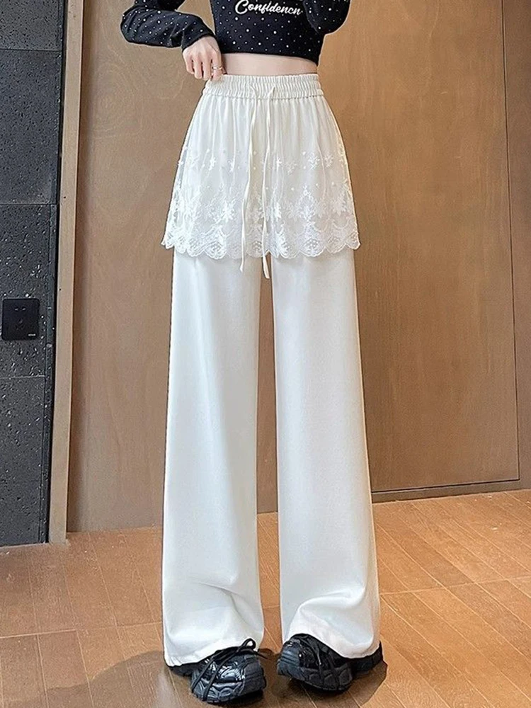 Zoete Kant Patchwork Broek Vrouwen Hoge Taille Leuke Casual Losse Broek Koreaanse Mode Zomer Elegante Chique Wijde Pijpen Broek Nieuw