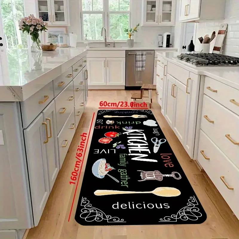 Kitchen Utensils Text Flannel Runner Rug Non-slip Anti-fatigue Floor Mat for Cooking Area Sink Home Decor Carpet