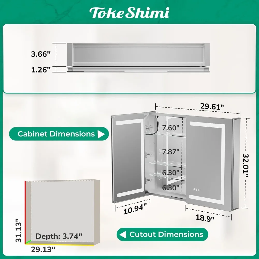 Mirrored Medicine Cabinets for Bathroom with Electrical Outlet, Frontlit Anti-Fog 3 Colors Temperature Dimmable