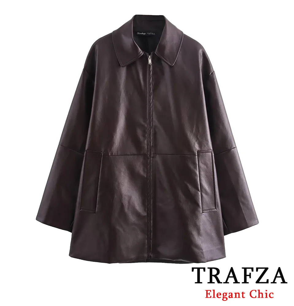 TRAFZA-Women Stylish PU Leather Jacket Big-Lapel Zipper Jacket Coat New 2024 Autumn Winter Vintage High Street Loose Jacket