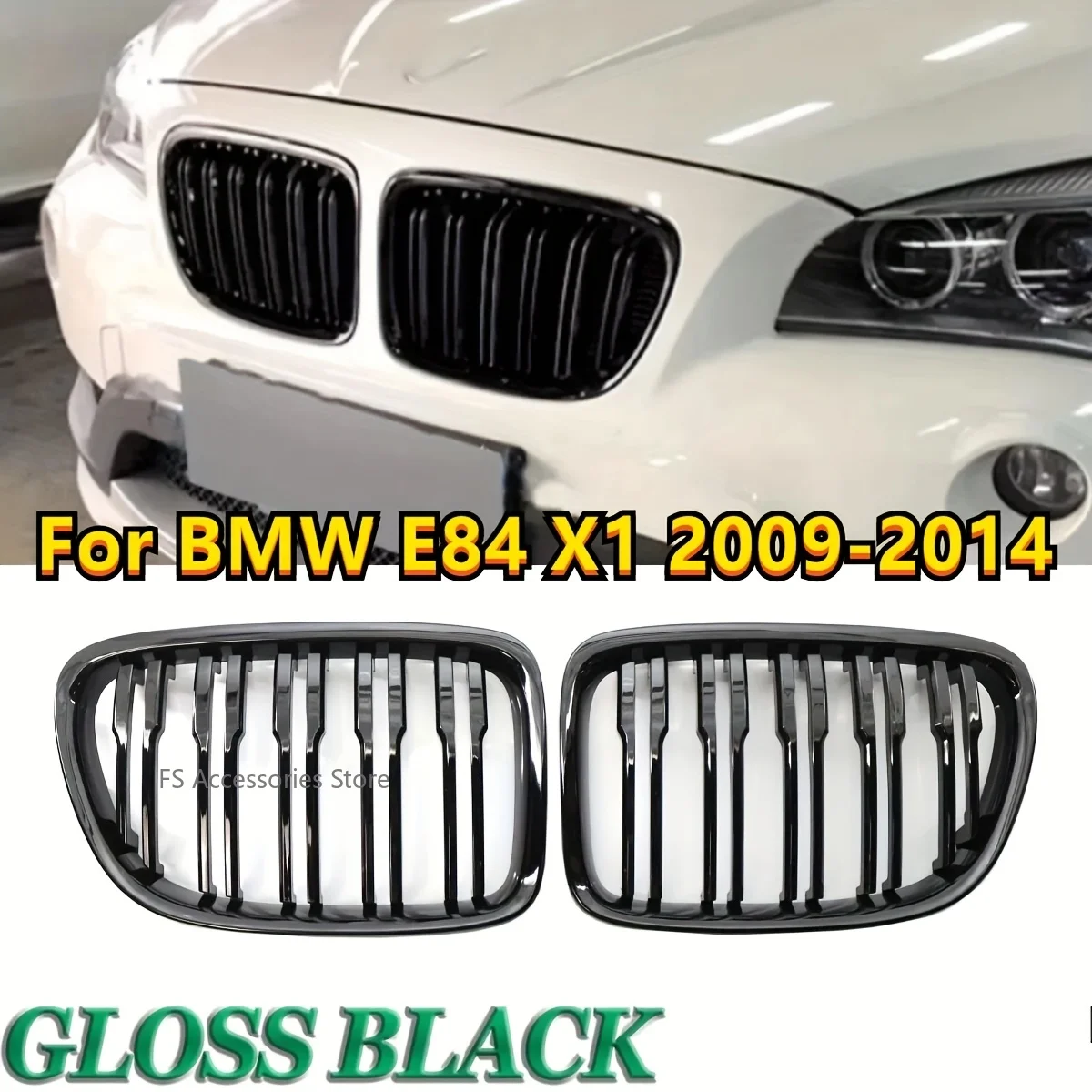 

Для E84 X1 18i 20i 25i 28i 2009-2015 Передний бампер Решетка для почек Автомобильные гоночные грили Двойная планка Спортивный чехол Глянцевый черный