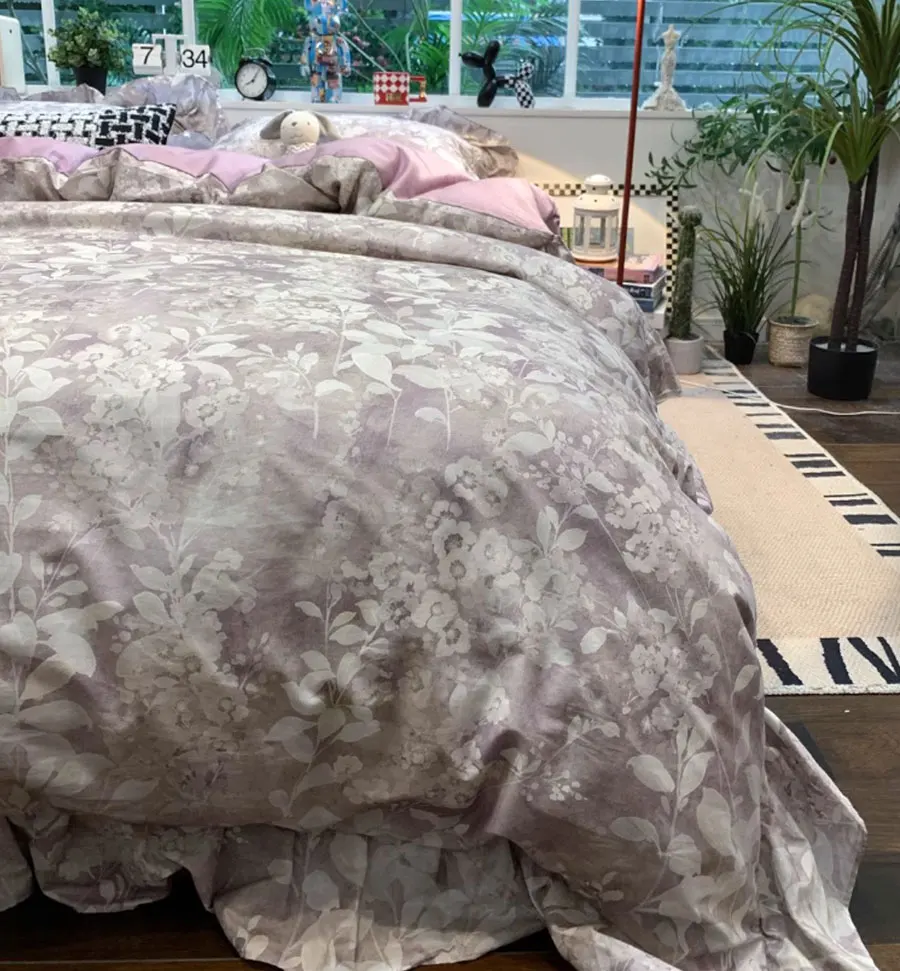 Fairyfair-Ruffled Vintage Purple Flower Bedding Set, algodão elegante, lençol, fronha, capa de edredão, completo, rainha, rei, têxtil doméstico