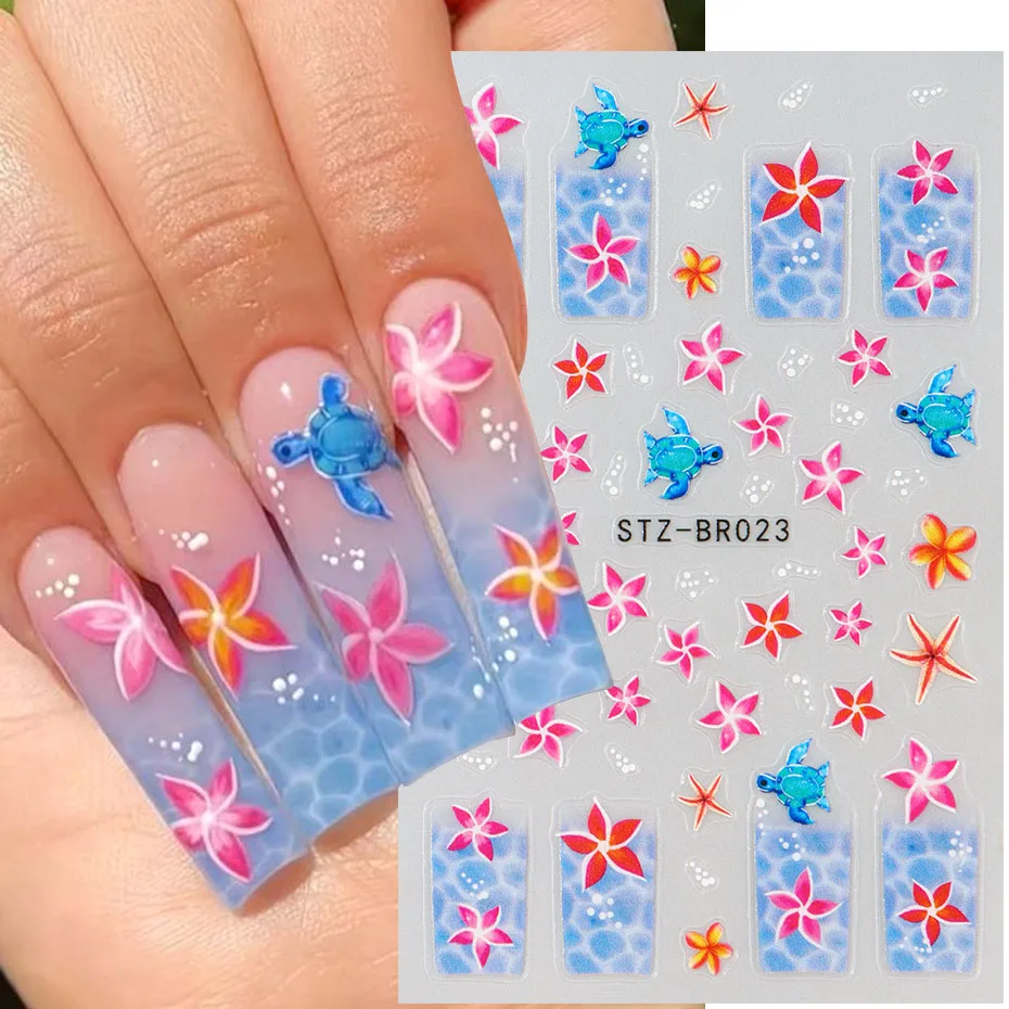 1/2pcs 3D Cute Turtle Nail Art Stickers Hawaiian Flower Floral Petals Cartoon French Manicure Sliders 3D Adhesive Decals Decor