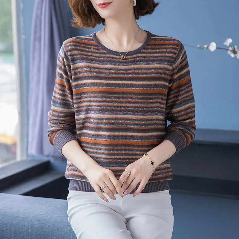 Vintage Autumn Winter Spliced Leisure Knitting Women\'s Clothing Striped Thin O-Neck Dimensional Cut Pullovers Loose-fitting Wild