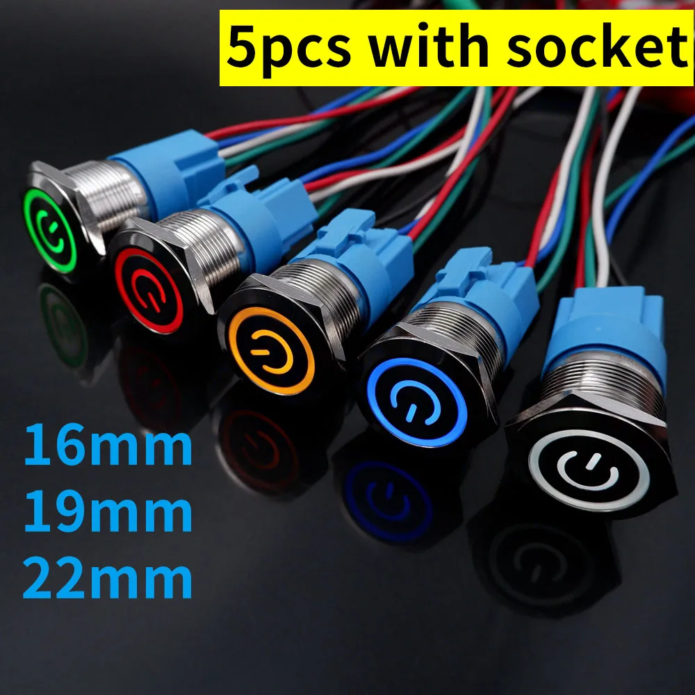 5 pcs Metal Push Button Switch 16mm 19mm 22mm PC Power Symbol Waterproof LED Light Self lock reset with connector 5V 12V 220V