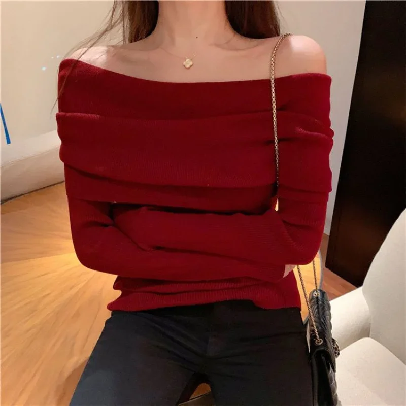 Sweaters Women Long Sleeve Sexy Knitted Pullover Y2k Tops Off Shoulder Luxury Birthday Party Dresses Korean Fashion New Slim