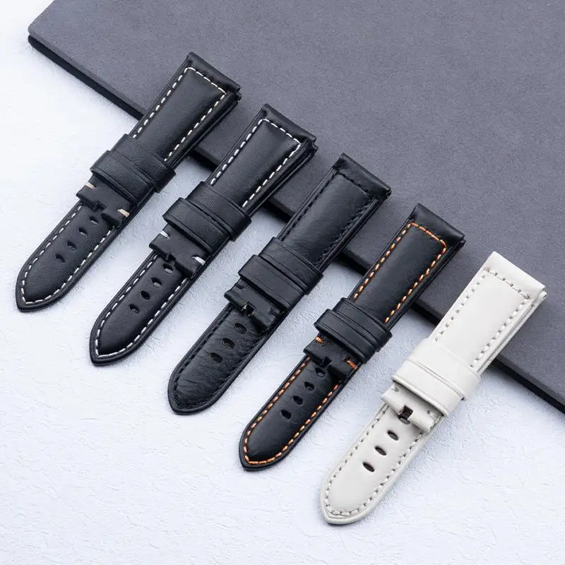 

TINTAG Soft Italy Genuine Flat Soft Leather Black White Watchband Quality Cowhide Wristband 22mm 24mm 26mm For Panerai Strap